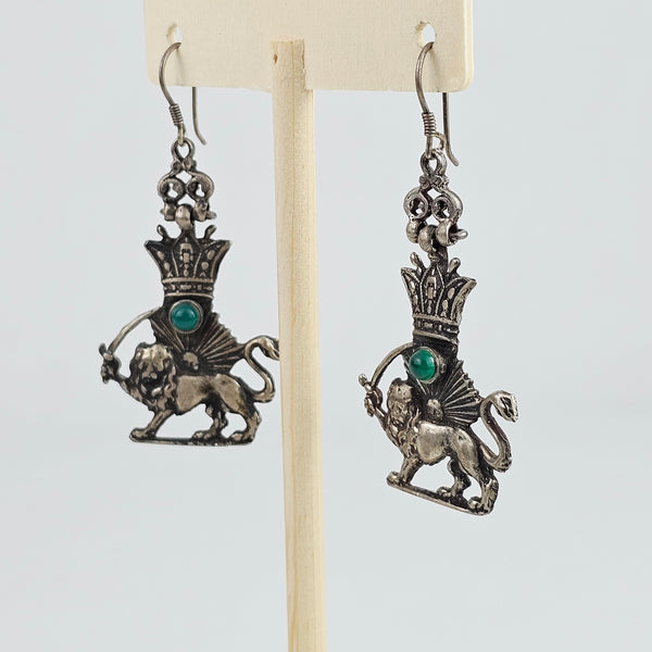 Silver Shir o Khorshid with Green Marble Earrings