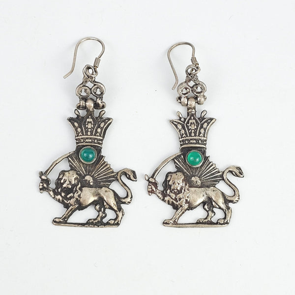 Silver Shir o Khorshid with Green Marble Earrings