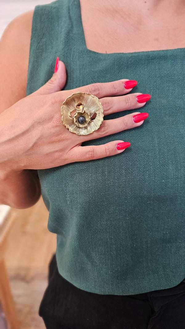 Handmade Floral Brass Ring with Pearl