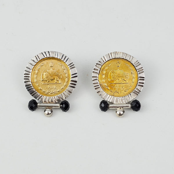 Pahlavi Coin Earrings with Black Gem