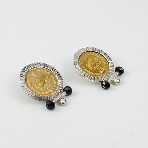 Pahlavi Coin Earrings with Black Gem