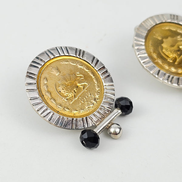Pahlavi Coin Earrings with Black Gem