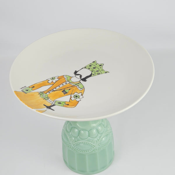 Hand painted Qajar Plate with Jade green Glass Stand