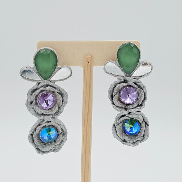 Pink-Green Roses Paper Mache Earrings