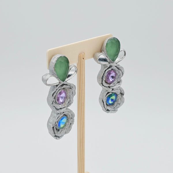 Pink-Green Roses Paper Mache Earrings