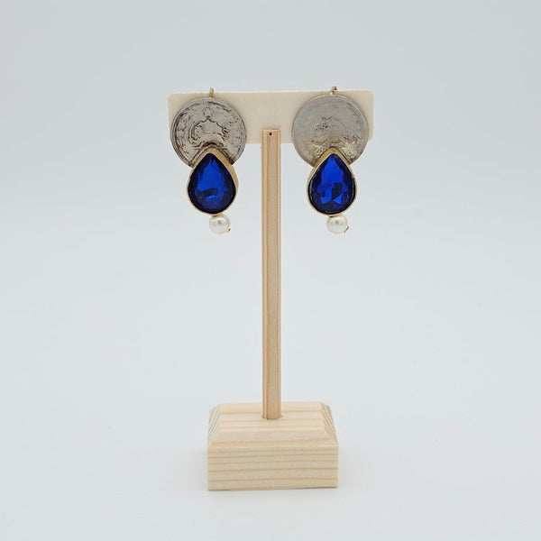 Blue Tear Brass Earring with Pahlavi Coin