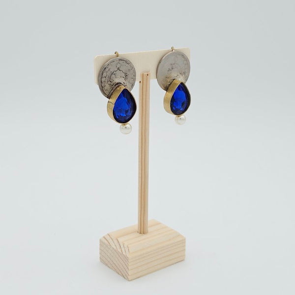 Blue Tear Brass Earring with Pahlavi Coin