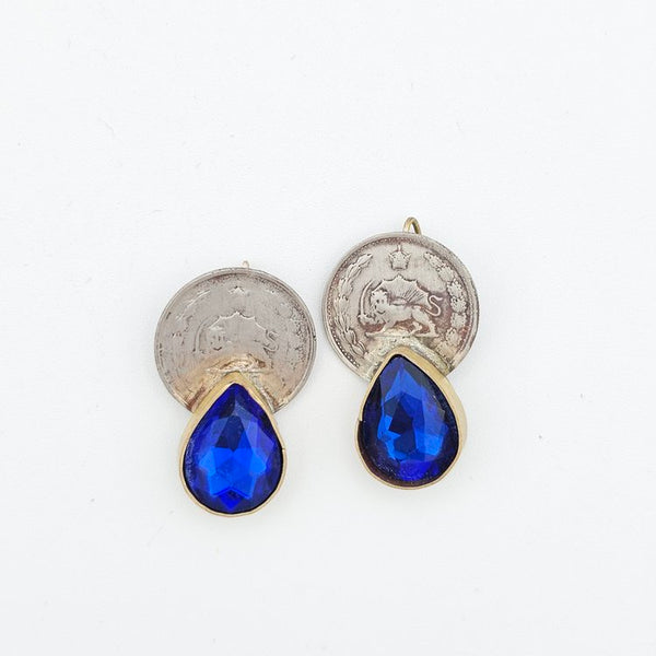 Blue Tear Brass Earring with Pahlavi Coin