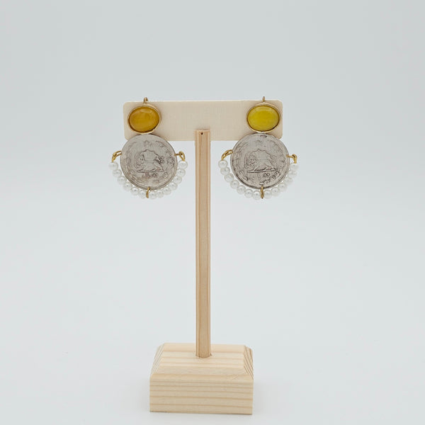 Yellow Stone Brass Earrings With Pahlavi Coin