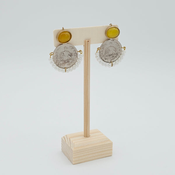 Yellow Stone Brass Earrings With Pahlavi Coin