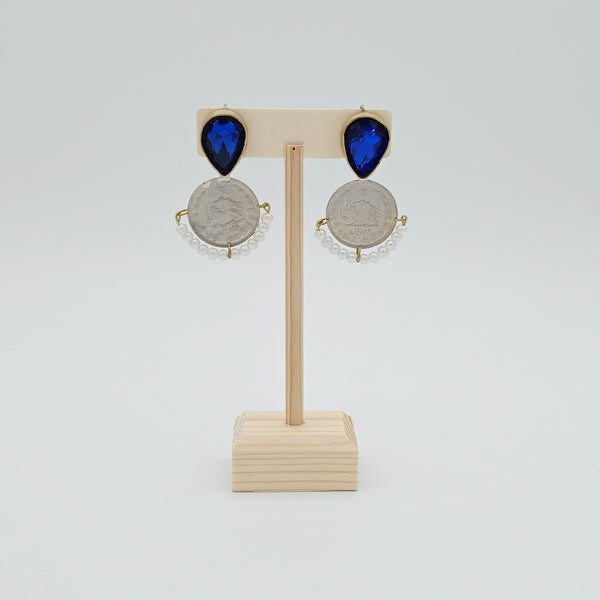 Tear Stone Brass Earring with Pahlavi Coin & Pearl
