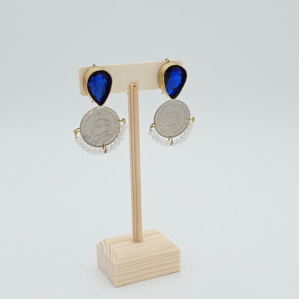 Tear Stone Brass Earring with Pahlavi Coin & Pearl