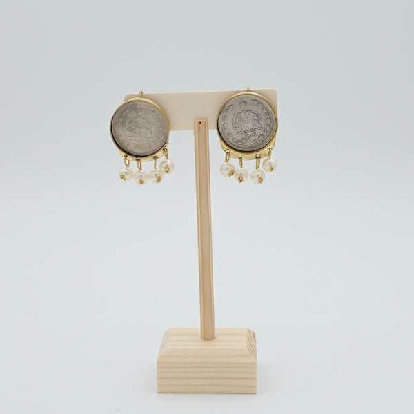 Framed Pahlavi Coin Brass Earring with Pearl