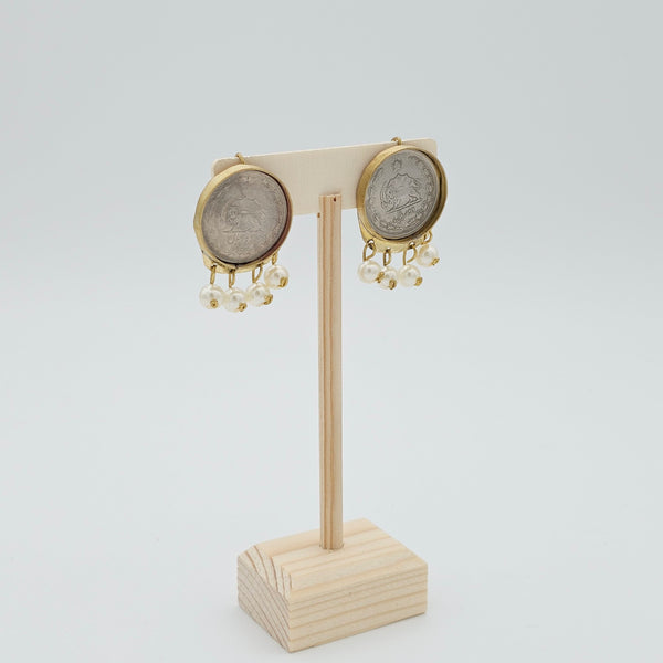 Framed Pahlavi Coin Brass Earring with Pearl