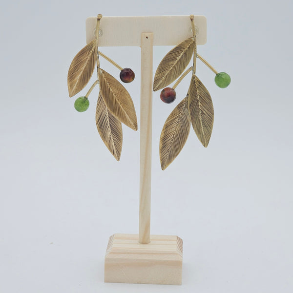Green-Brown Leaf Brass Earrings
