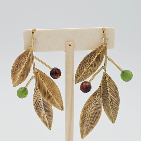 Green-Brown Leaf Brass Earrings