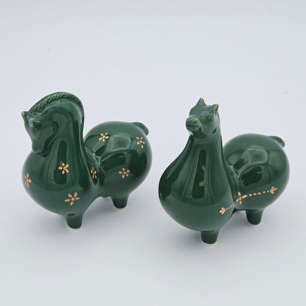 Green Ceramic Horses Sculpture with Gold Touches