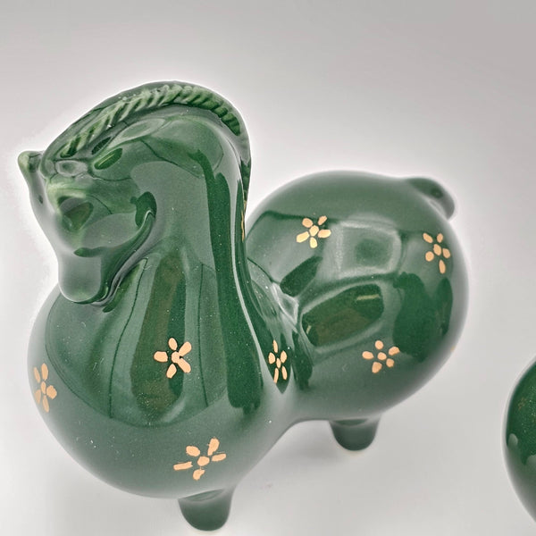 Green Ceramic Horses Sculpture with Gold Touches