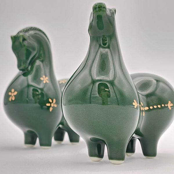 Green Ceramic Horses Sculpture with Gold Touches