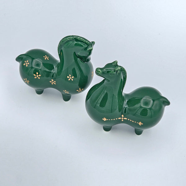 Green Ceramic Horses Sculpture with Gold Touches