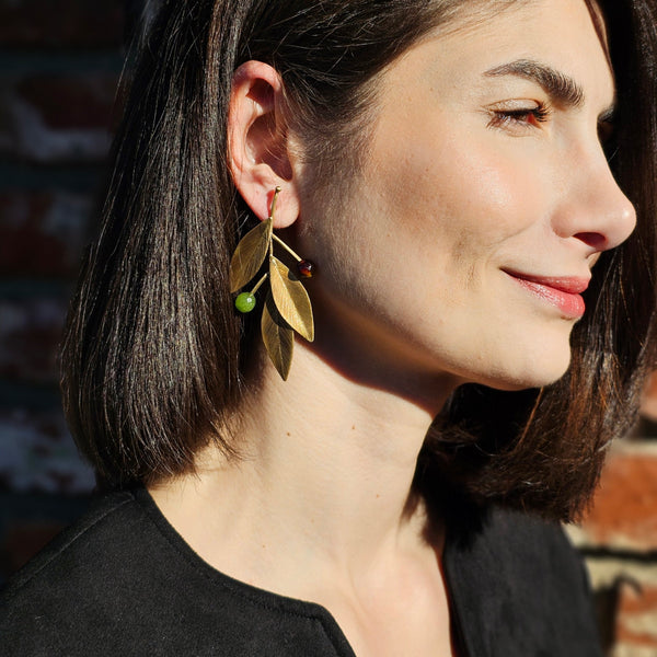Green-Brown Leaf Brass Earrings