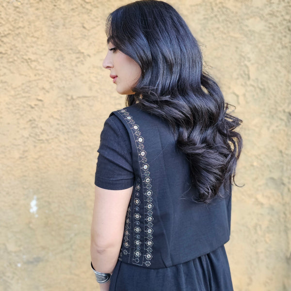 Black Vest with Gold Thread Embroidery