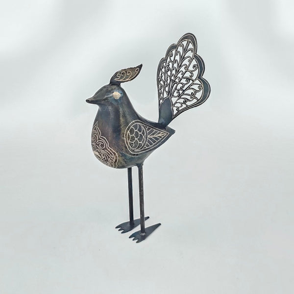Hand Crafted Iron Birds- Tall Base with Silver Inlay