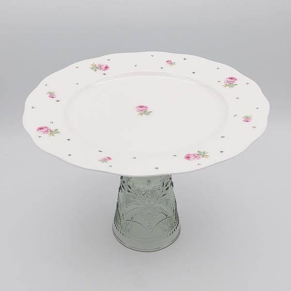 Pink Rose Rounded Plate with Glass Stand and Gold Touches