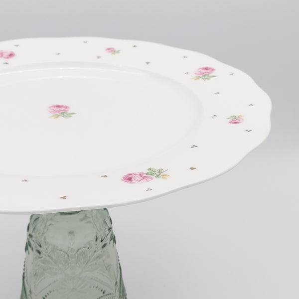 Pink Rose Rounded Plate with Glass Stand and Gold Touches
