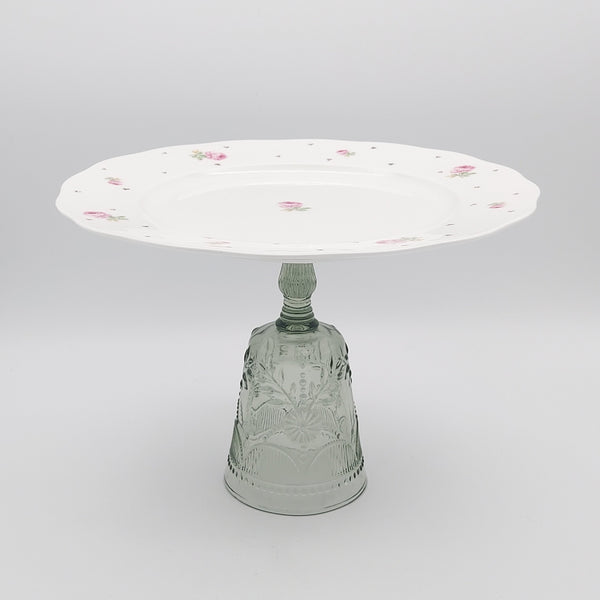 Pink Rose Rounded Plate with Glass Stand and Gold Touches