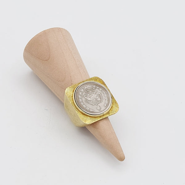 Square Framed Pahlavi Coin with Brass Ring