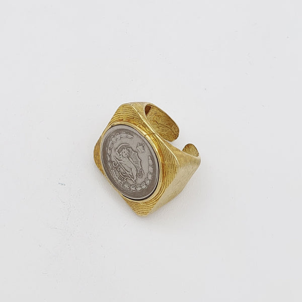 Square Framed Pahlavi Coin with Brass Ring