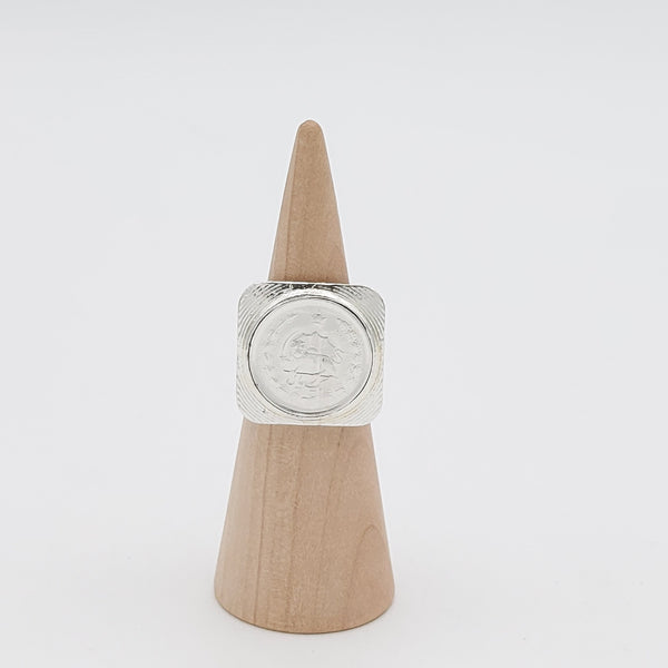 Square Framed Pahlavi Coin with Brass Ring