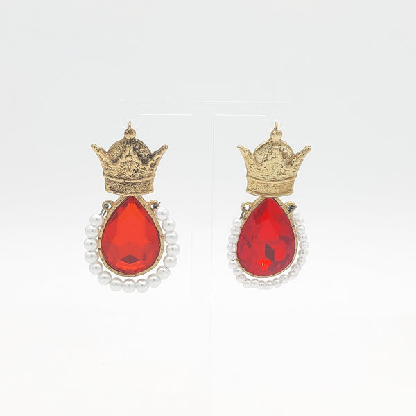 Crown Brass Red Stone Earrings