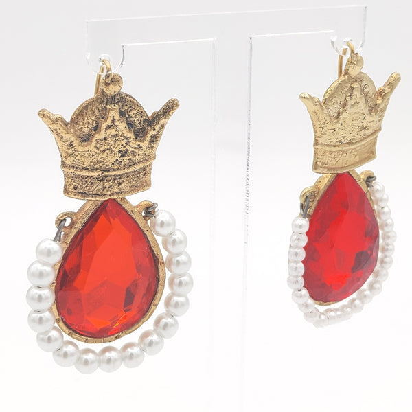 Crown Brass Red Stone Earrings