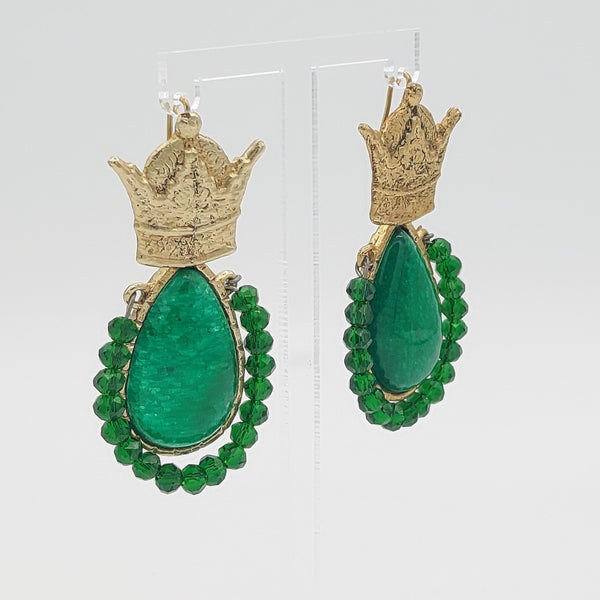 Crown Brass Jade Stone Earrings