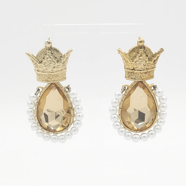 Crown Brass Golden Stone Earrings