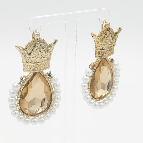 Crown Brass Golden Stone Earrings
