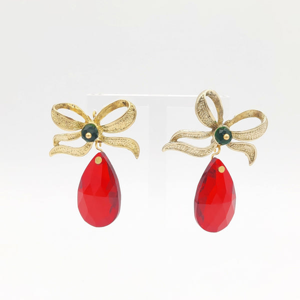Golden Bow Red Stone Pendant Earring