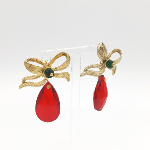 Golden Bow Red Stone Pendant Earring