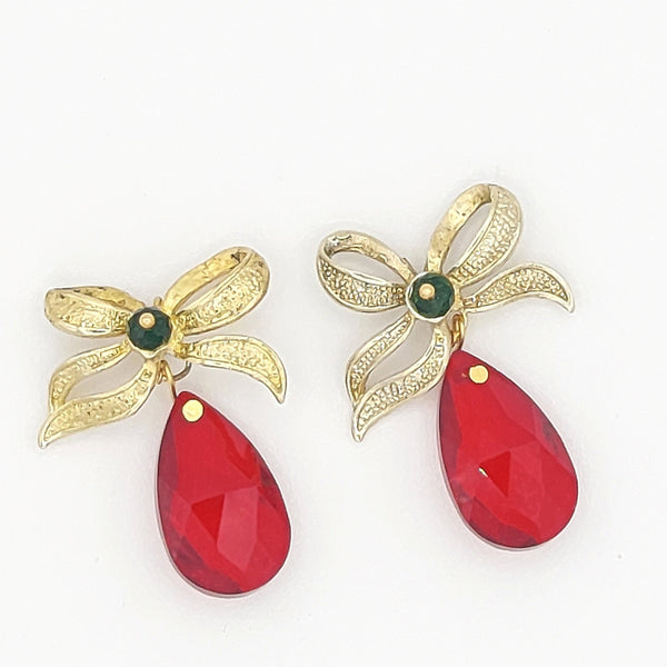 Golden Bow Red Stone Pendant Earring
