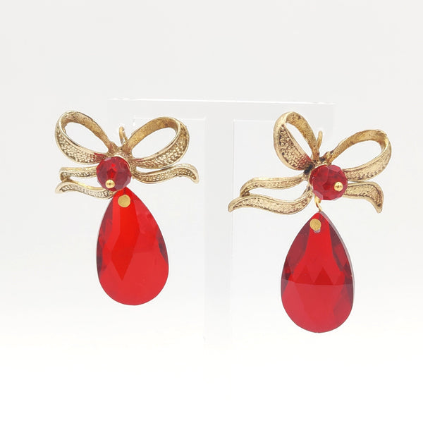 Golden Bow Red Stone Pendant Earring