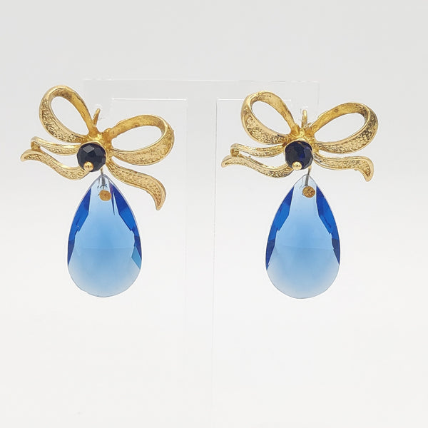 Golden Bow Blue Stone Pendant Earring