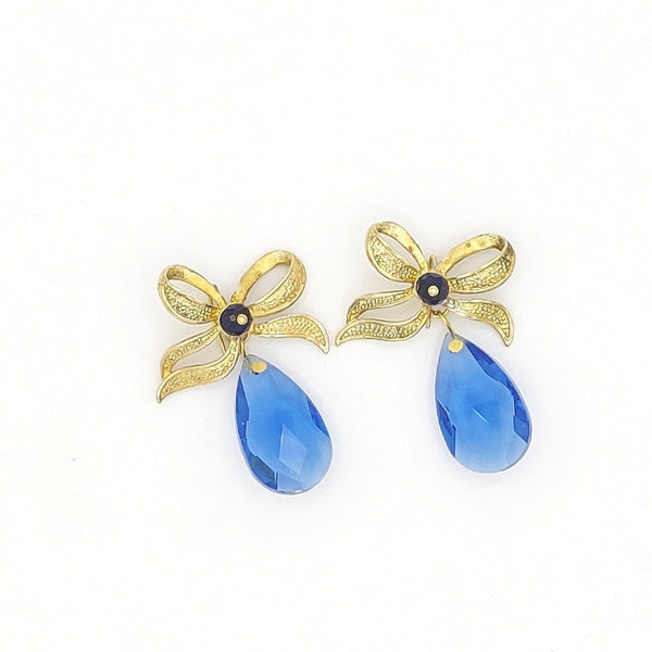 Golden Bow Blue Stone Pendant Earring