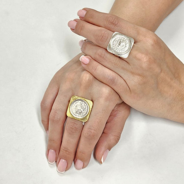 Square Framed Pahlavi Coin with Brass Ring