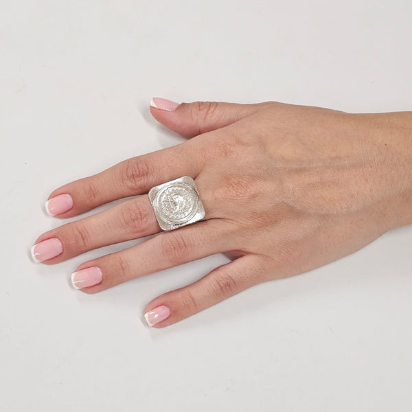 Square Framed Pahlavi Coin with Brass Ring