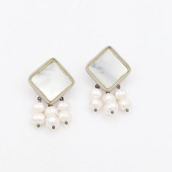 Square Mirror Earrings with Pearl
