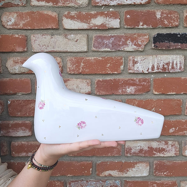 Pink Rose Ceramic Bird Sculpture with Gold Touches