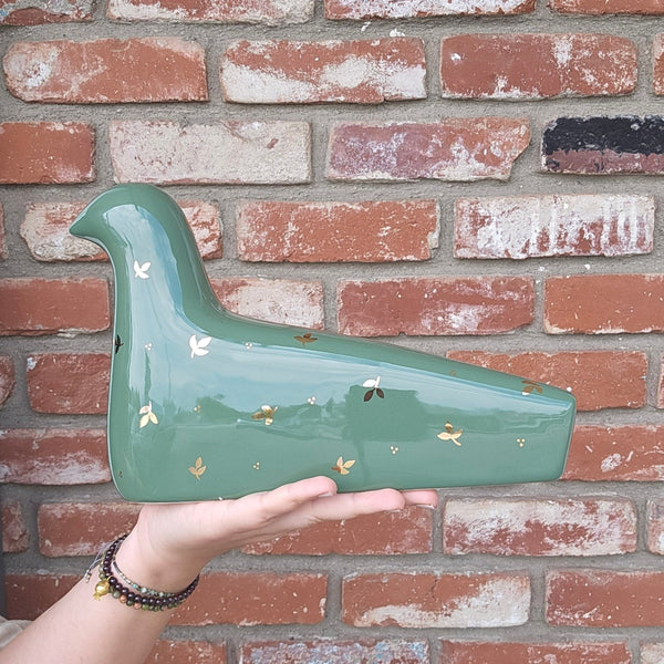 Green Ceramic Bird Sculpture with Gold Touches