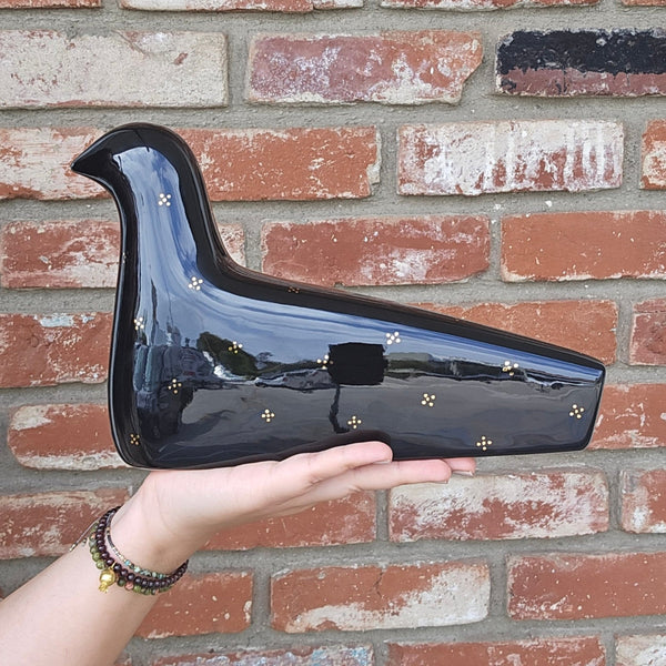 Gold Painted Black Ceramic Bird Sculpture